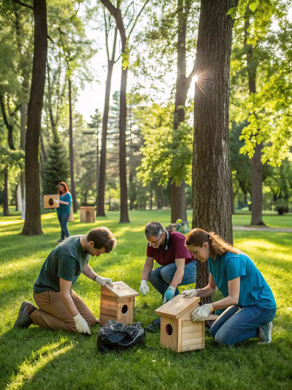 A group of people are participating in a community cleanup event, planting trees and collecting trash in a park, illustrating environmental responsibility.