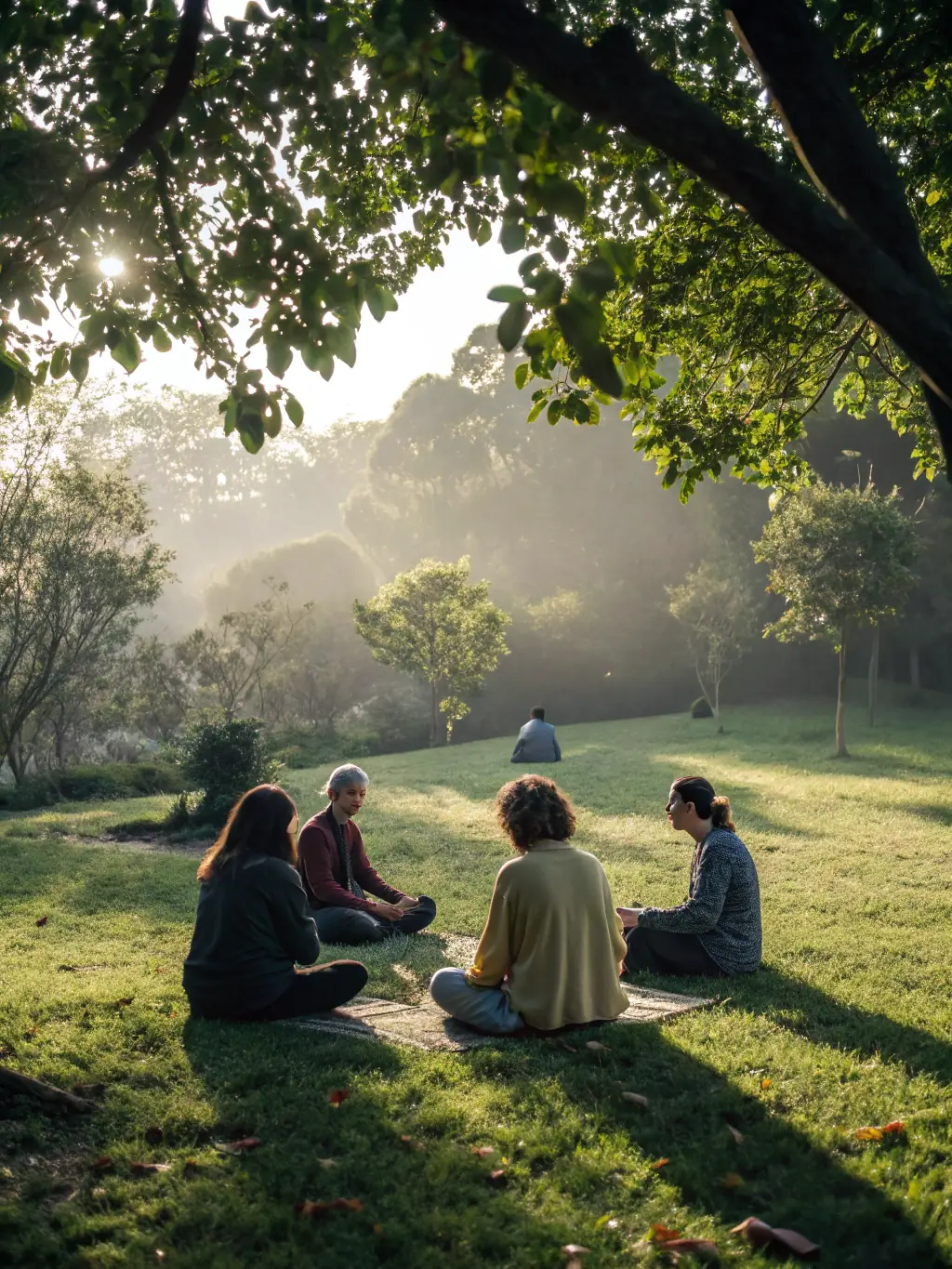 People are meditating together in a serene setting, promoting mindfulness and spiritual well-being, representing inner peace and community harmony.