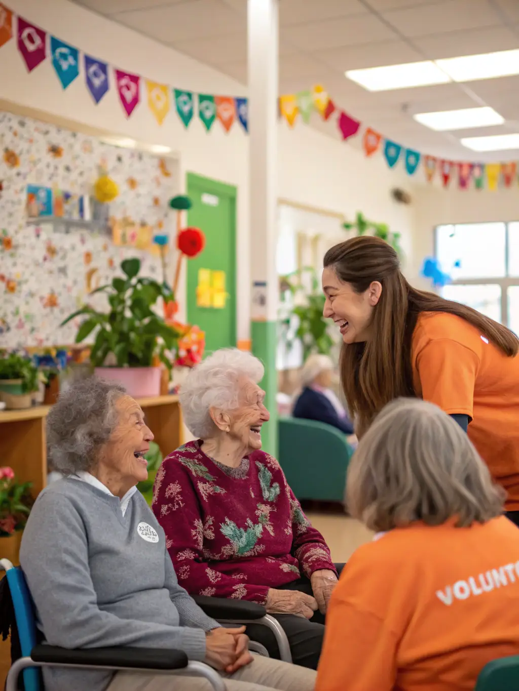 A diverse group of volunteers of different ages are visiting elderly people in a nursing home, smiling and engaging in conversation, representing community engagement.